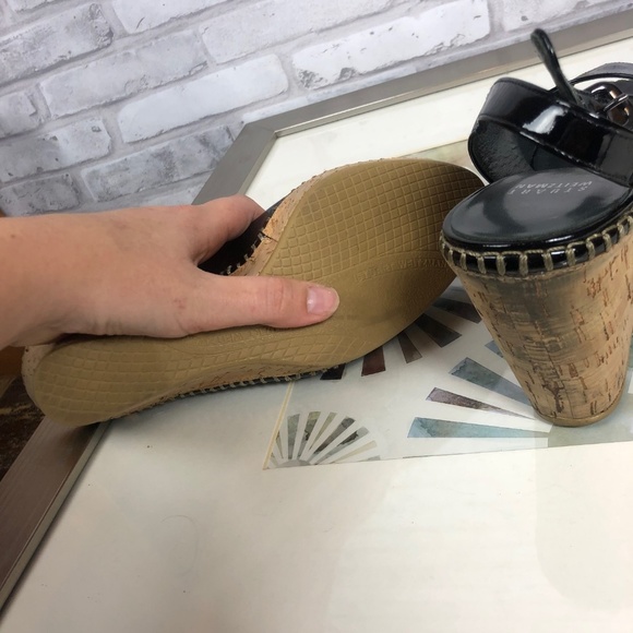 Stuart Weitzman Peep Toe Patent Black Cork Wedges Strappy 8 - Picture 5 of 5